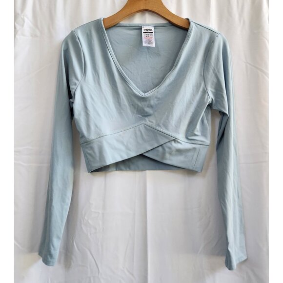 GYMSHARK Long Sleeve Crossover Crop Top Light Blue Workout Womens‎ Small EUC - Picture 3 of 11